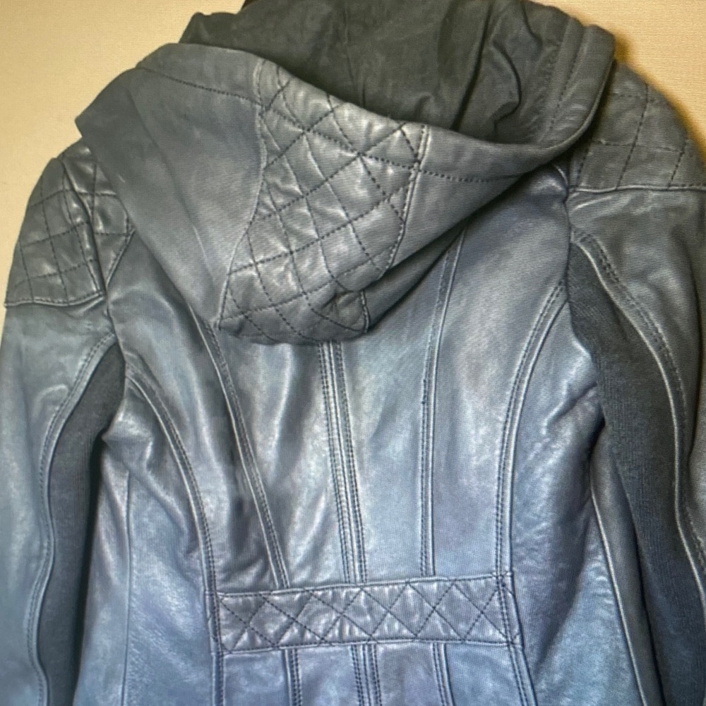 Michael Kors Navy Hooded Leather Jacket with Quilted Shoulders - Picture 5 of 7